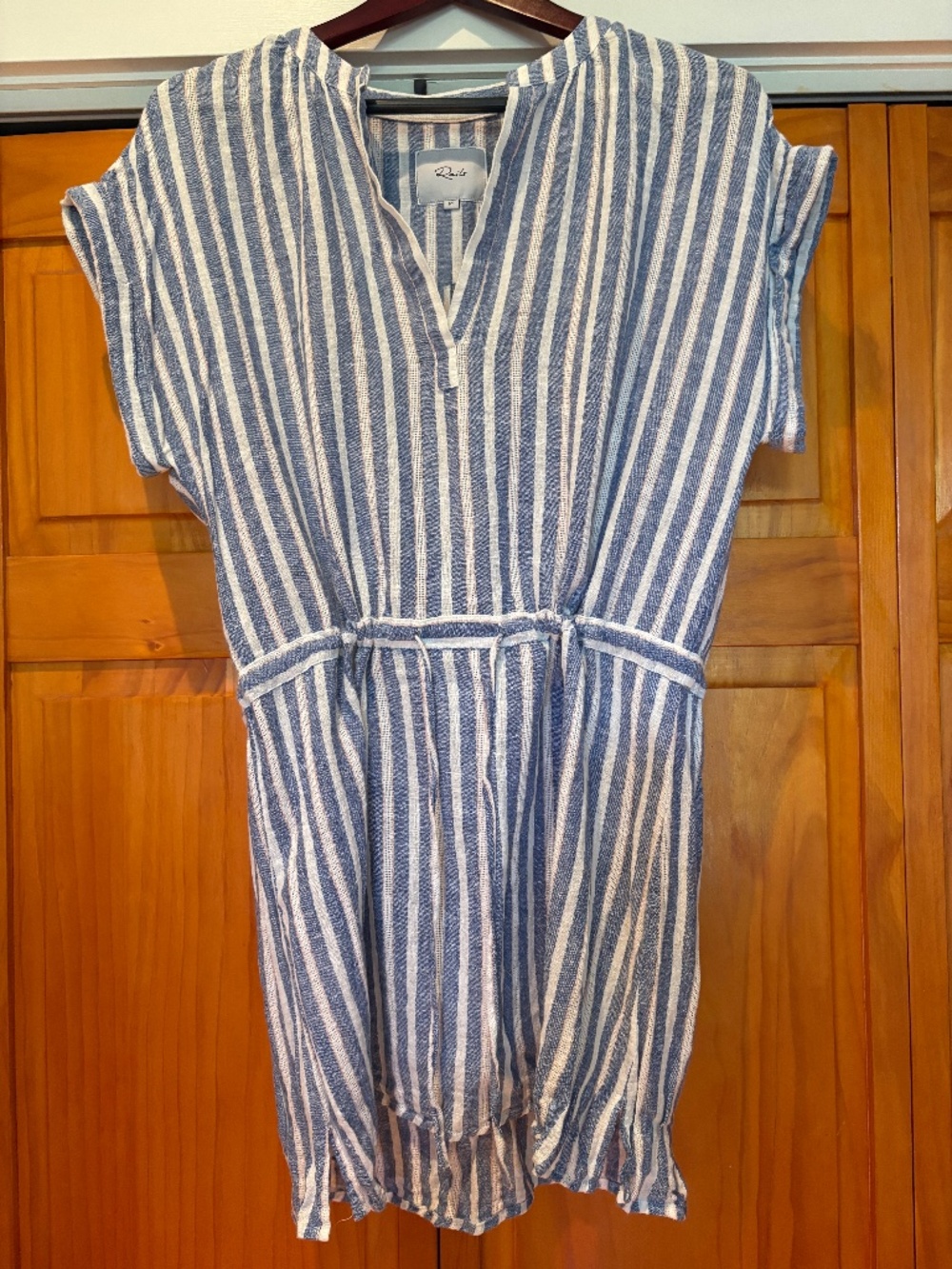 Rails Emma Mykonos Stripe Dress Drawstring Linen Blend Size Medium, Blue, White